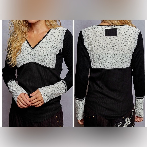 NWT POL Waffle Knit Long Sleeve Thermal Top Contrast Floral Textured Material - Picture 6 of 6